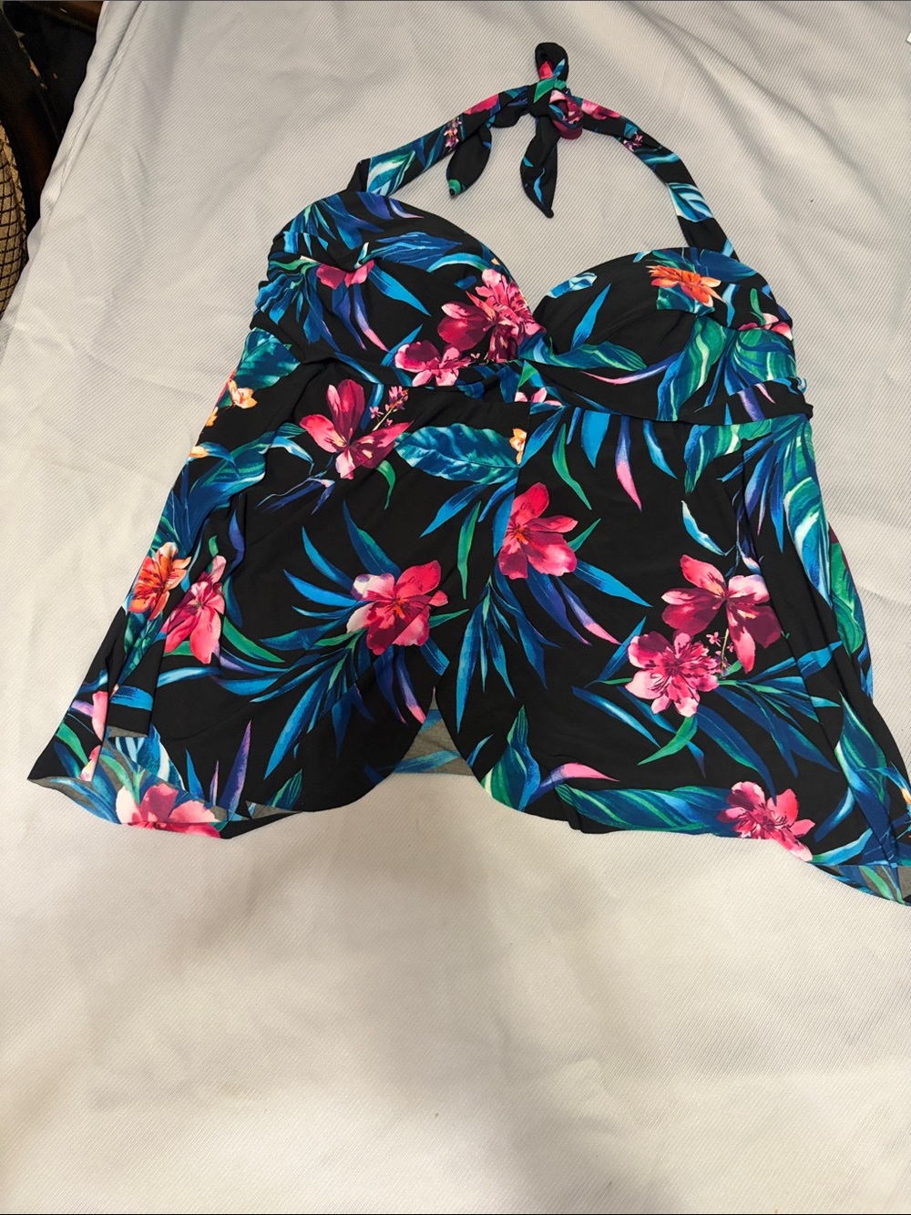 Women's Black Floral Halter Swimdress - Multicolor Flowers